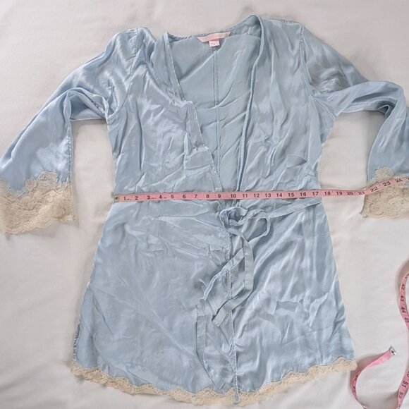 Y2k Soft Blue Cream Silk Lace Trim Chemise Slip Dress and Matching Robe - Picture 8 of 14